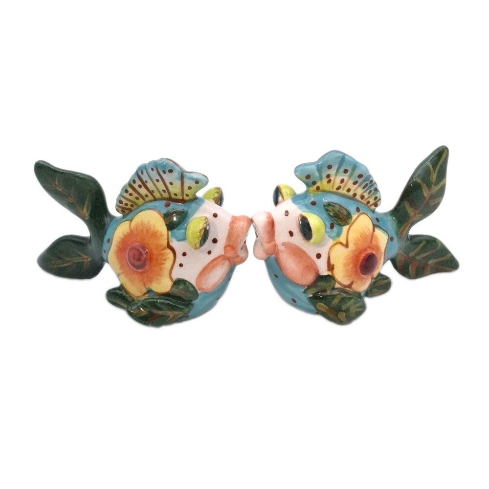 Vtg Blue Sky Kissing Fish Whimsical Flowers Ceramic Salt & Pepper Shakers Teal